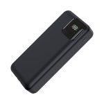 A black power bank with a digital display, featuring a sleek design and rounded edges.