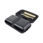 A black power bank with a carrying case and charging cable, featuring an organisational strap inside.