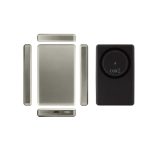 A black and silver 15W MagSafe wireless power bank with four components and an LED charge indicator.
