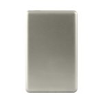 A silver power bank with a sleek design, featuring a logo on one side.