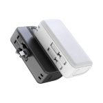 A power bank stand in white and black, featuring a compact design with integrated connectors and LED indicators.