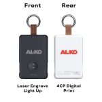 A power bank with a black front, featuring a keyring, and a white rear with a logo and digital print.