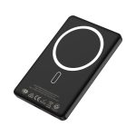 A black MagSafe power bank with a circular design on the surface and a logo, featuring a capacity of 5000 mAh.