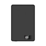 A black 15W MagSafe power bank with a digital display showing battery percentage. It has a sleek, ultra-thin design.