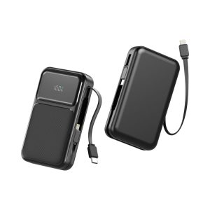 A black retractable cable power bank featuring a 10000 mAh capacity and an LED battery indicator.