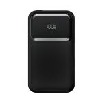 A black power bank with a textured surface and digital display showing battery percentage. It features a branding logo.