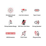 Icons representing features of the Akron Omnidirectional Speaker Phone, including pickup range, USB extension, and plug-and-play functionality.