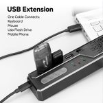A USB extension hub in black connects to a laptop, featuring multiple ports for keyboard, mouse, USB drive, and mobile phone.