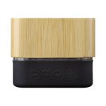 A bamboo wireless speaker with a black base and control buttons at the bottom, featuring a sleek design.