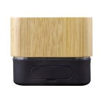 A bamboo wireless speaker features a natural bamboo exterior and a black base, with a minimalist design and a logo.