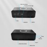 A black wireless charging speaker featuring a clock display, stopwatch, speaker, and mobile phone holder.