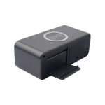 A black wireless charging speaker with a sleek design and a wireless charging pad on top.
