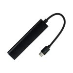 A black USB hub with a USB-A connector and a Type-C cable, featuring a sleek, elongated design.