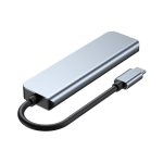 A sleek silver USB hub with a Type-C connector attached by a black cable. It has a modern, minimalist design.