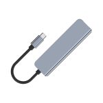 A silver USB Type-C hub with a black connector cable. It features a sleek, rectangular design.