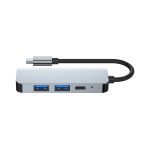 A silver USB hub with two blue USB ports and a Type-C connector, featuring a flexible black cable.