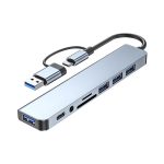 A silver USB hub featuring dual input, Type-C and Type-A ports, with multiple USB connections and an SD card slot.