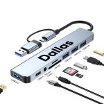 A silver USB hub features multiple ports, including Type-C, Type-A, and card slots, with a logo.