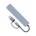 A silver USB hub with dual inputs, including Type-C and Type-A connectors, featuring a compact design.