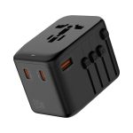 A black travel adaptor with multiple ports, including USB-C and USB-A, designed for charging devices.
