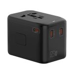 A black 65W GaN PD and QC travel adaptor with multiple ports, including USB-C and a standard plug socket.