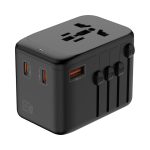 A black travel adaptor with multiple ports, including USB-A and USB-C, featuring a logo on the side.