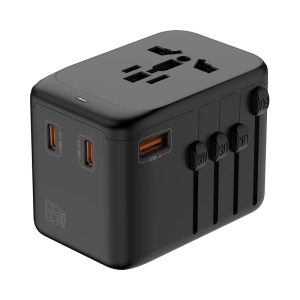 A black travel adaptor with multiple ports, including USB-A and USB-C, featuring a logo on the side.