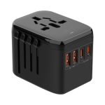 A black travel adaptor featuring multiple ports, including QC and PD, with a compact design.