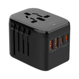 A black travel adaptor featuring multiple ports, including QC and PD, with a compact design.