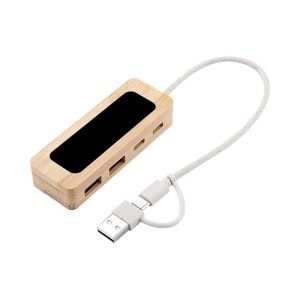A bamboo USB hub with a white cable, featuring multiple USB ports and a black section on top.