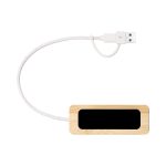 A bamboo USB hub with a white cable and a black panel, featuring a logo on the side.