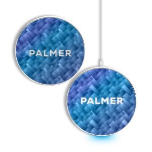 A round, blue wireless charger with a textured design and a logo, featuring a light-up base for charging devices.
