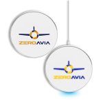 A round, white wireless charger featuring a logo, with a light-up base in a sleek design.