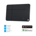 A black wireless tracking tag with a textured surface, featuring a small branding logo and a circular attachment hole.