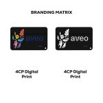 Two black card-like items with colourful floral designs, featuring the text "aveo" in different styles. Each has a branding logo.