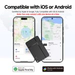 A black MiCard Duo Global Tracking Tag displayed alongside two smartphones, one showing a map interface.