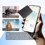 A hand holds a black MiCard Duo Global Tracking Tag with a phone displaying a map and app interface, showing tracking features.