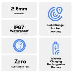 A promotional graphic displaying features of the MiCard Duo Global Tracking Tag, including its thin design and waterproof capabilities.