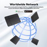 A black tracking tag is displayed against a light background, with an illustration of a global network.