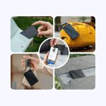 A black tracking tag is displayed in various settings, including a wallet, handbag, and near a smartphone and keys.