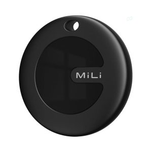 A round, black tracking tag with a central button and a small hole for attachment, featuring a logo.