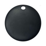 A round black tracking tag with a hole for attachment, featuring a smooth matte finish.