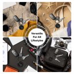 A black tracking tag is positioned with keys, a camera, and various personal items on different backgrounds.