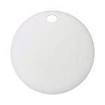 A round white tracking tag with a hole for attachment, featuring a branding logo on one side.