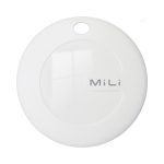 A white circular tracking tag with a glossy finish and a small hole for attachment. It features a logo.