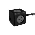 A black Power Cube with two Australian power outlets and a USB port, featuring a connecting cable.