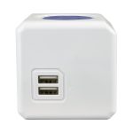 A white Power Cube Extended Duo USB charger with two USB ports for powering devices.