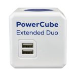 A white power cube with two USB ports, featuring a blue top and a logo.
