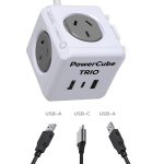 A white Power Cube Extended Trio featuring three power sockets and two USB-A ports, one USB-C port, with cables.