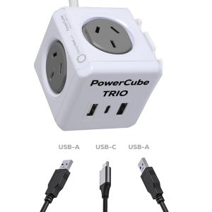 A white Power Cube Extended Trio featuring three power sockets and two USB-A ports, one USB-C port, with cables.